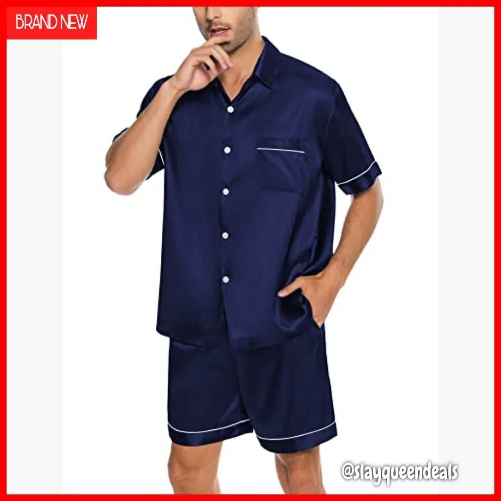 Men's Silk Satin Pajama Set Short Sleeve Button Down Sleepwear with Pockets